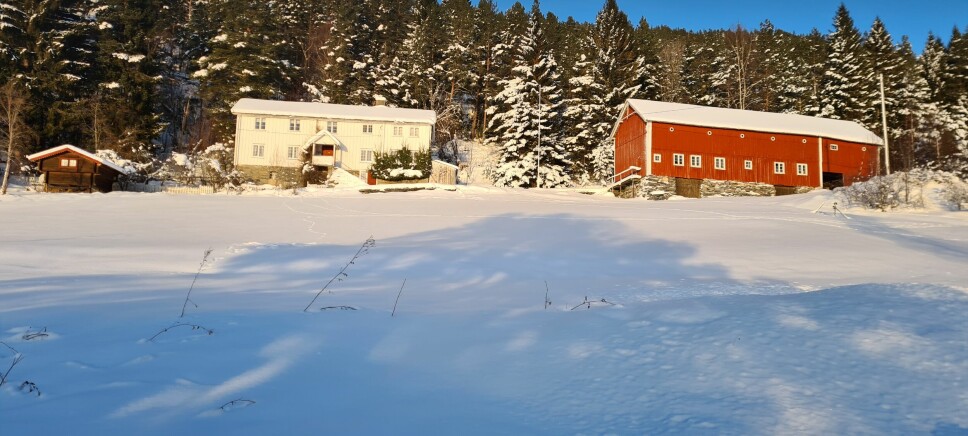 Et rødt fjøs og et hvitt hus med snø