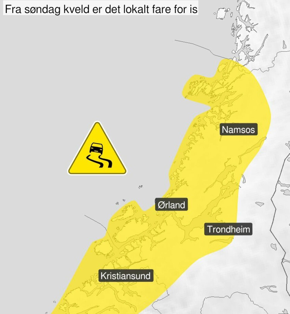 Fare for is fra søndag kveld Gult farevarsel for glatte veier i Møre og Romsdal og Trøndelag søndag kveld