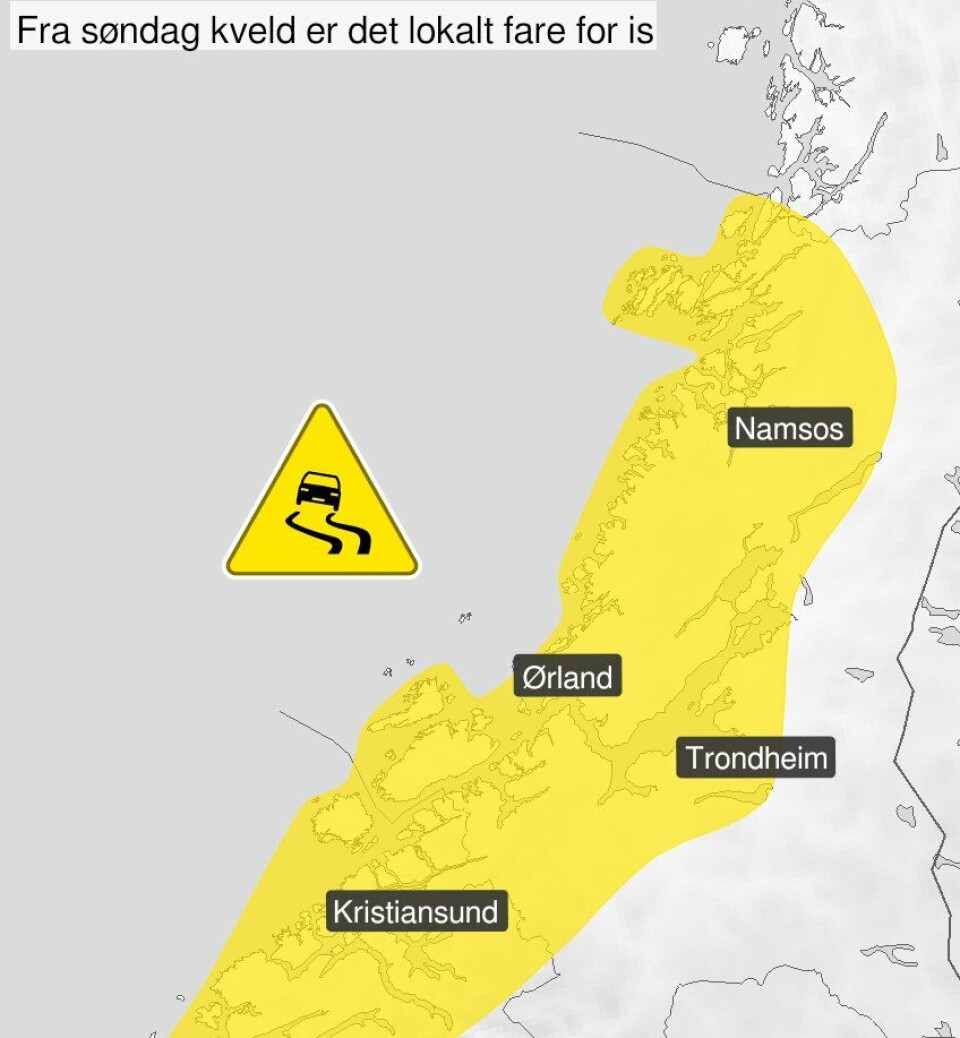 Gult farevarsel for glatte veier i Møre og Romsdal og Trøndelag søndag kveld
