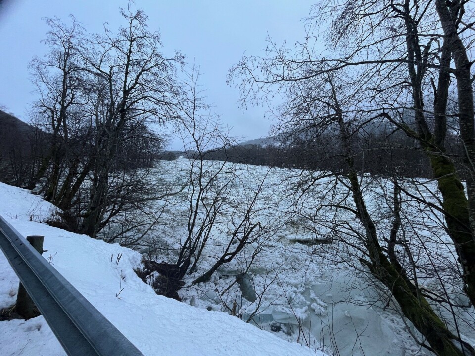 På nordsida. Elv full av is