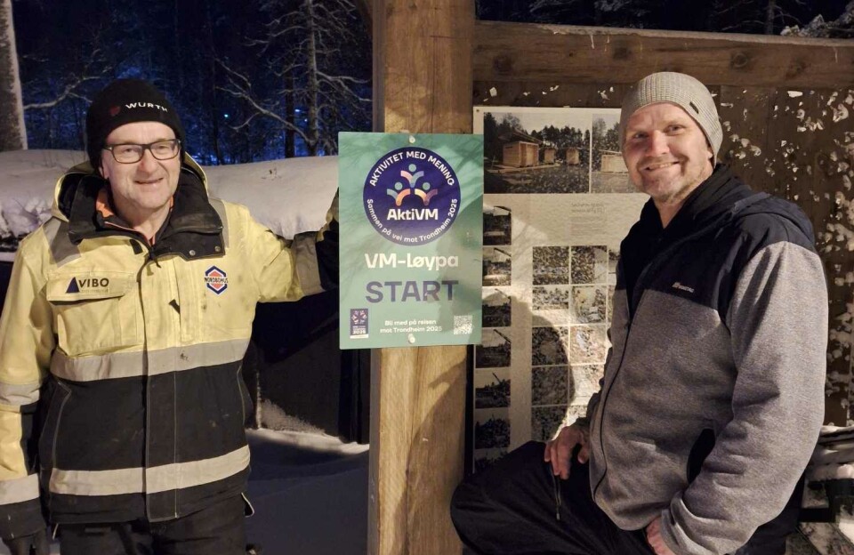 Baard Gåsvand fra Turstigruppa Rindal IL og Morten Møller fra Rindal kommune. To menn ved plakat ute