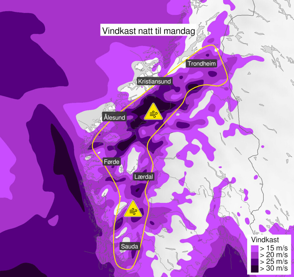 Et kart over sør-Norge, der gjeldende område for farevarselet er tegnet inn.