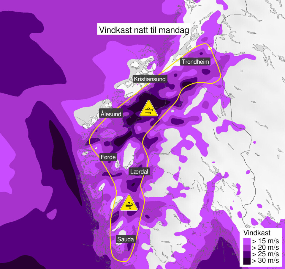 Gult farevarsel om kraftige vindkast Et kart over sør-Norge, der gjeldende område for farevarselet er tegnet inn.