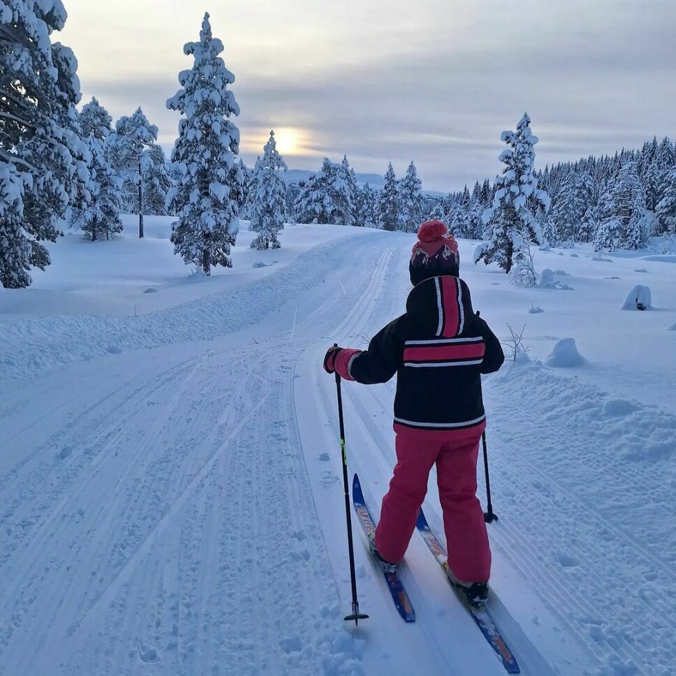En unge går på ski i skiløypa