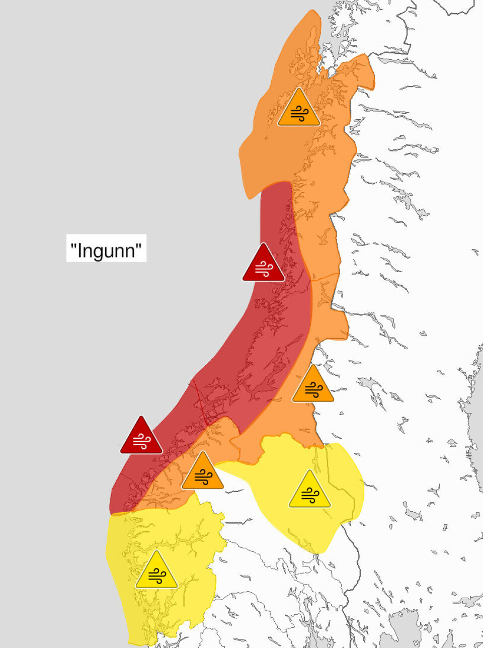 Rødt og oransje farevarsel - opptil ekstremt kraftige vindkast Et kart over Norge med farevarsel markert