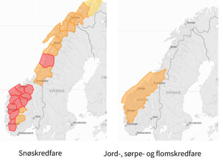 Snø-, jord-, sørpe- og flomskredfare fredag 2. februar. Kart der områder med skredfare er avmerket.