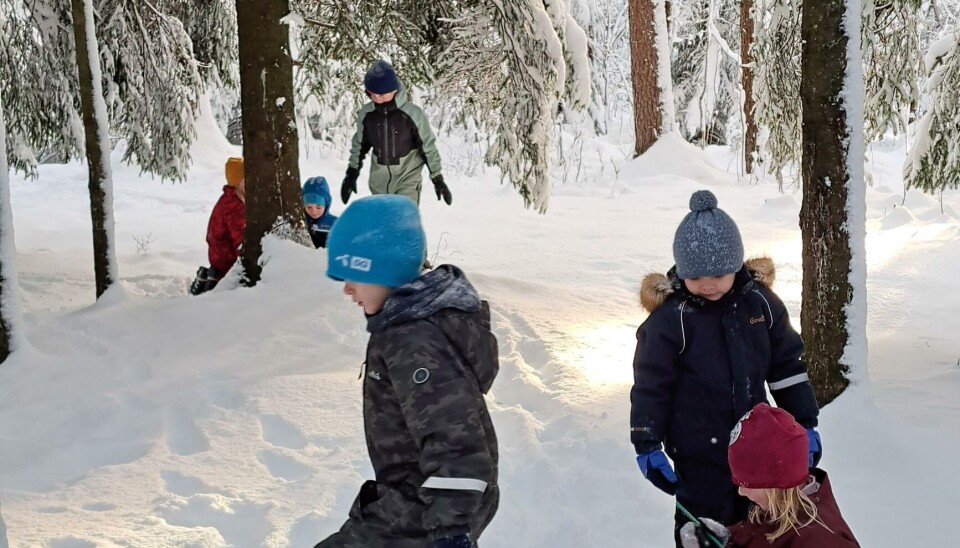 barn i skogen på vinteren