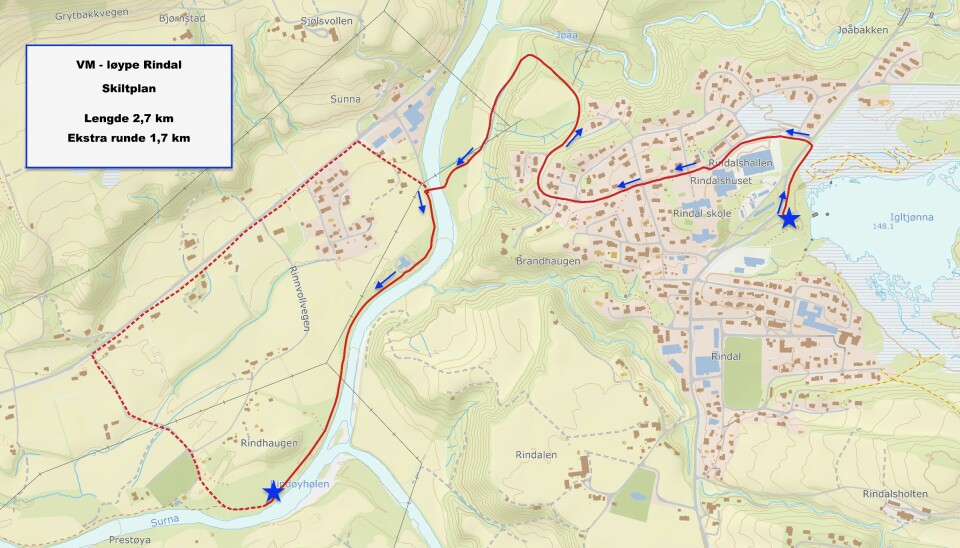Kart over VM-løypa som går fra Igltjønna til Elvepromenaden.