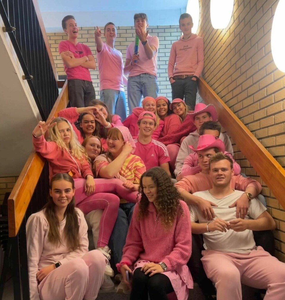 Mange ungdommer kledd i forskjellige rosa antrekk oppstilt i ei trapp.