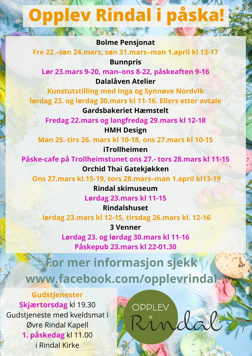 En plakat med diverse program for opplev Rindal i påska