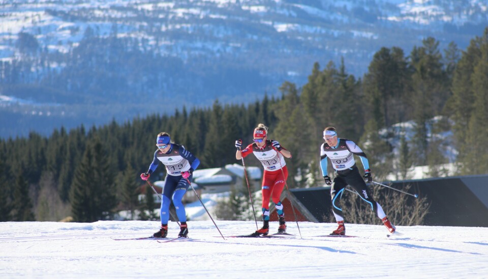 Tre skiløpere som går fristil. 1. Dame i blå drakt, 2. dame i rød drakt, 3. mann i sort, lyseblå og hvit drakt.