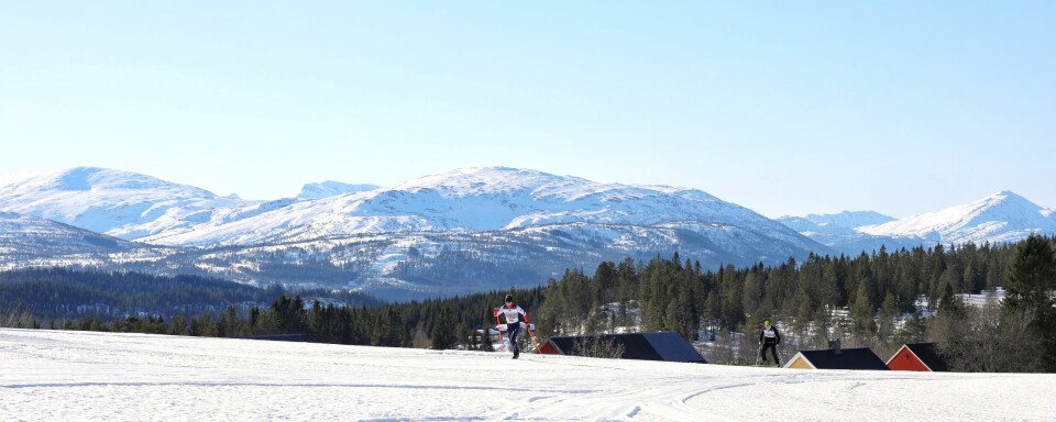 skiløper i klassisk stil, blir 'liten' med mange Trollheimsfjell i bakgrunnen.