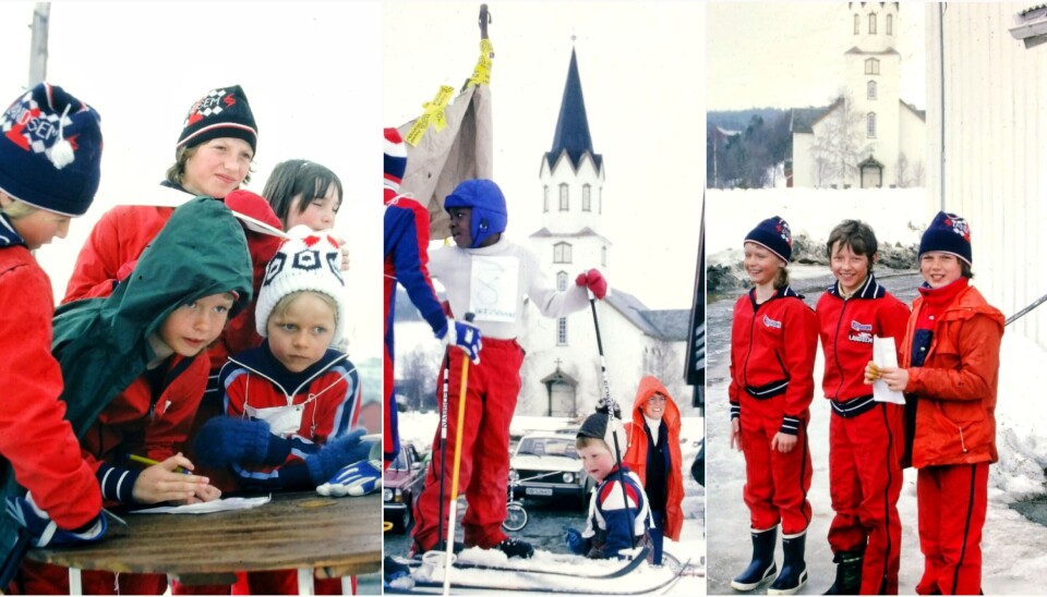 bildet er en kollasj med 3 forskjellige bilder av barn i tidsriktig 80-talls skiklær. Rindal Kirke er i bakgrunnen på to av bildene