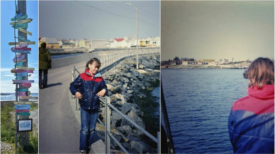 Bildekollasj med 3 bilder. To gamle av undertegnede med sjø og bebyggelse i bakgrunnen. Ett bilde av en stolpe med mange stedsnavn fra hele verden.