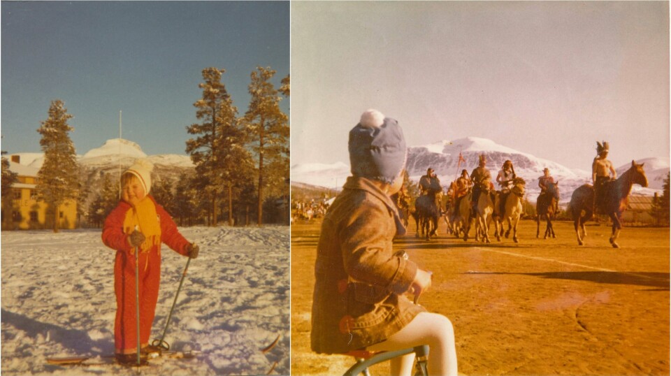 kollasj med to bilder fra en militærleir på 70-tallet. Ett bilde med undertegnede på treski og ett med samme jenta på trehjulasykkel og kløvkompaniet utkledd som indianere på hest. På begge bildene kan du se et snøkledd fjell i bakgrunnen.