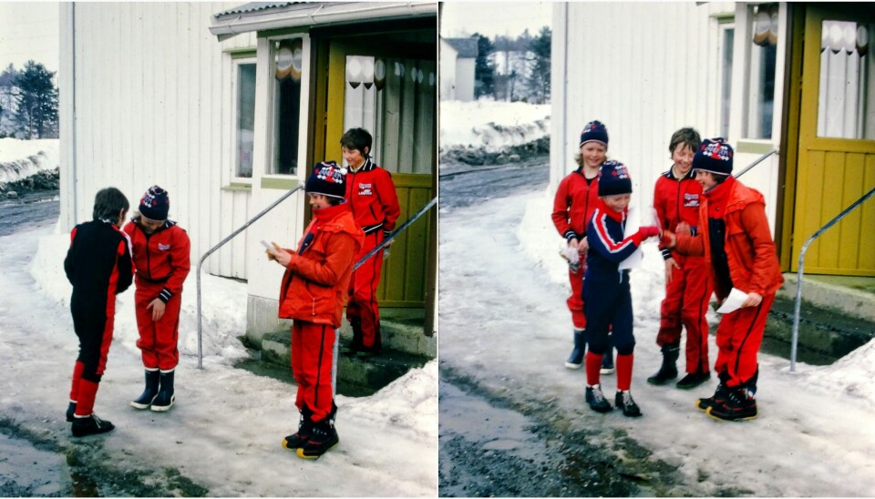 Bildekollasj med to bilder av tre rødkledde jenter som deler ut premie til skiløper som takker med hånddtrykk.