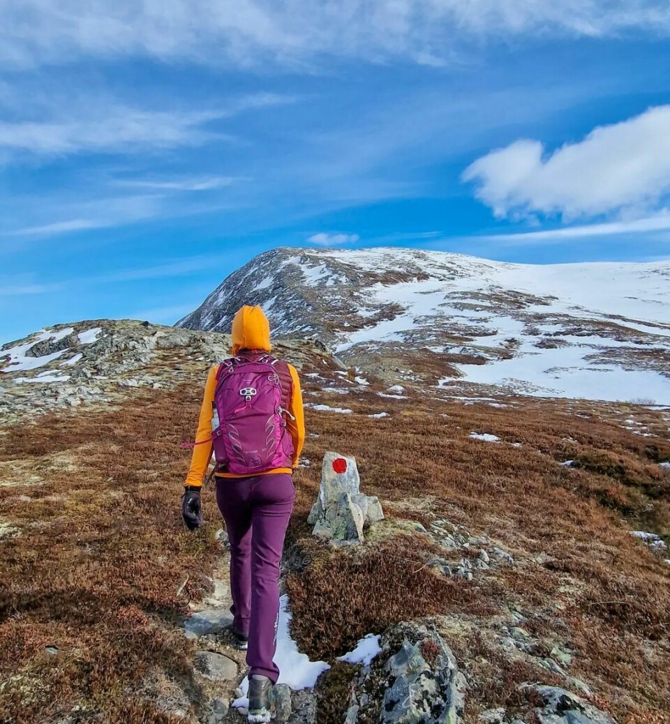 En kvinne går oppover et fjell