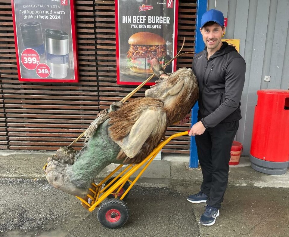 Stian Kooyman tar med trollet på tur. Skal man ha skikkelig bilde til lanseringen, må man jo ta med trollet til kommunehuset. Mann med et 'troll' på en tralle.