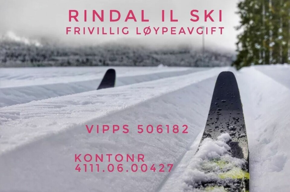 Bilde av et par skitupper i ei skiløype, med oppfordring om å støtte løypekjøringa til Rindal IL. VIPPS nr 506182.