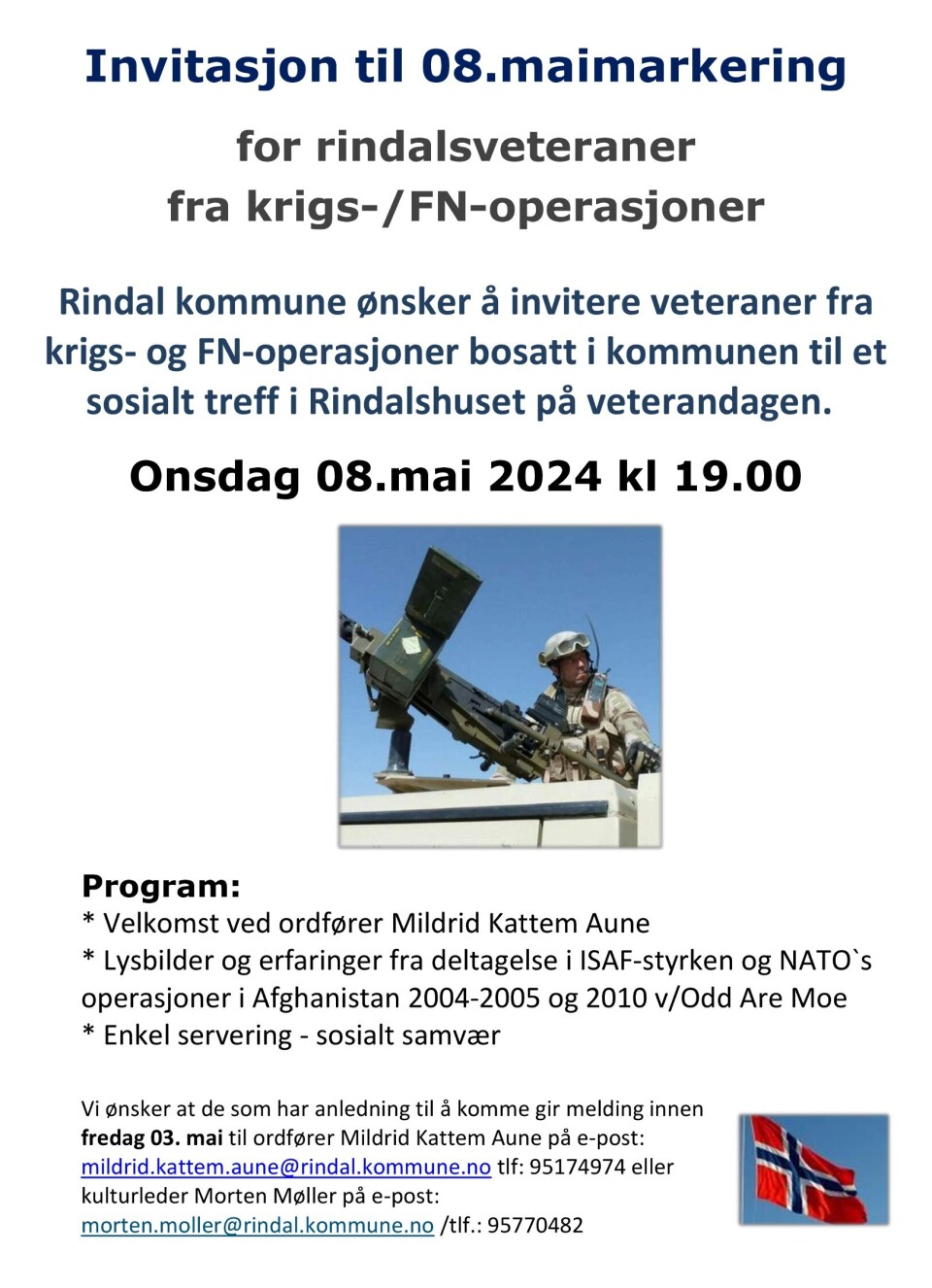 Plakat om 8. mai-markering i Rindal i 2024.