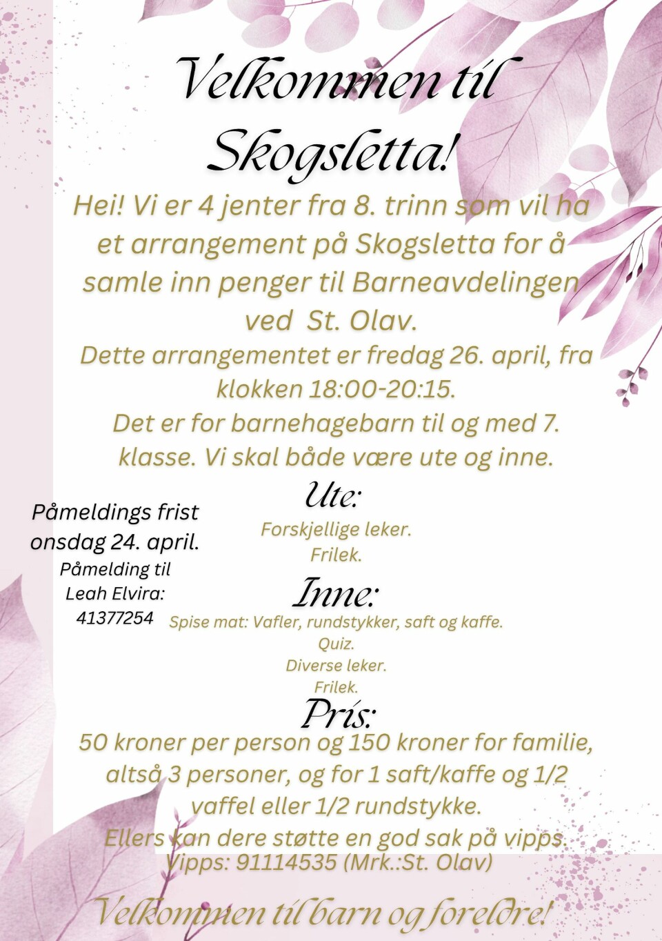Plakat med informasjon om hyggekveld på Skogsletta 26. april 2024