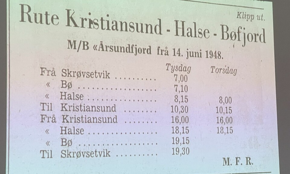 Rutetabell fra Kristiansund-Halse- Bøfjord med M/B Årsundfjord 14.juni 1948. Ruten viser at båtene gikk tirsdag og torsdag. var innom følgende anløp: Skrøvsetvik, Bø, Halse, Kristiansund tur og retur