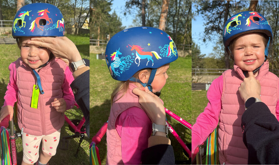 Bilde sammensatt av tre bilder, der en voksen setter på sykkelhjem på et barn.