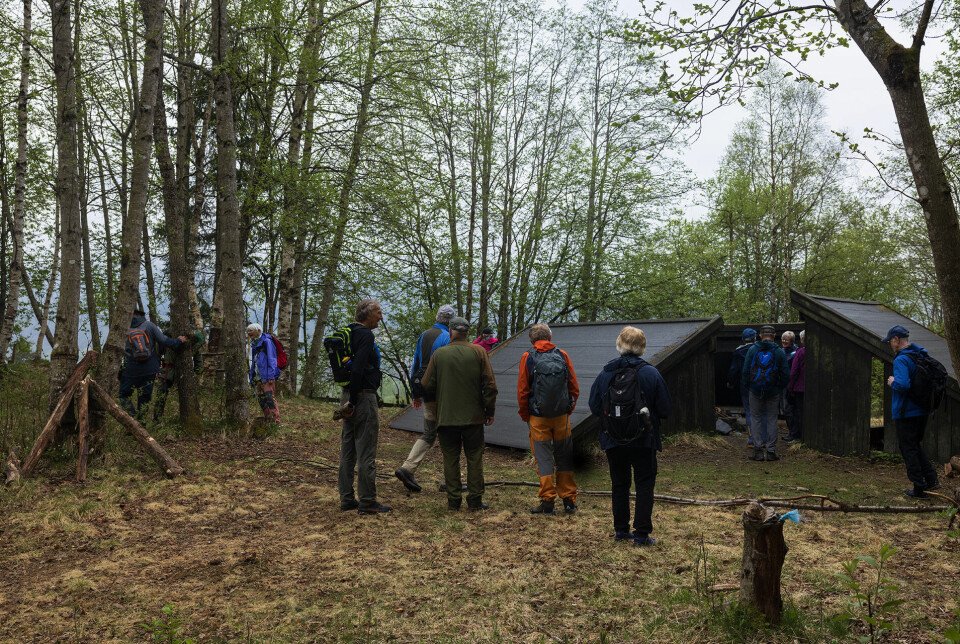Turgåere ved en tilrettelagt rasteplass i skogen.