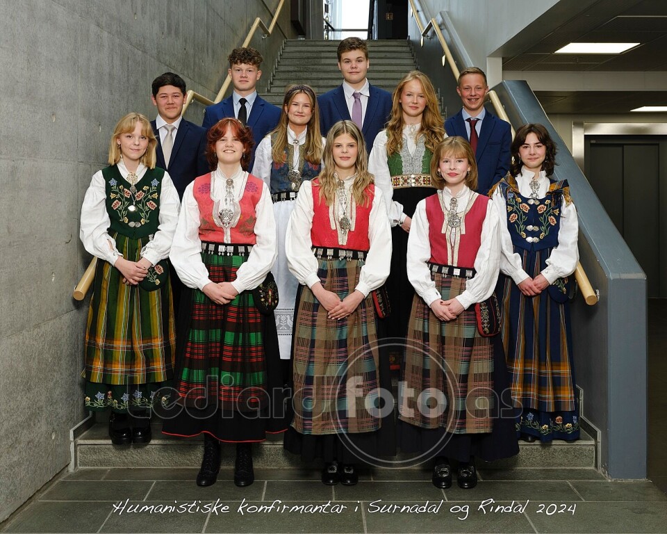 De humanistiske konfirmantene i Surnadal og Rindal 11 konfirmanter i bunader eller dress, oppstilt i ei trapp.