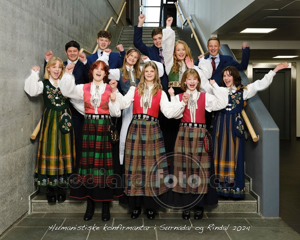 De humanistiske konfirmantene i Surnadal og Rindal 11 jublende konfirmanter i bunader eller dress, oppstilt i ei trapp.