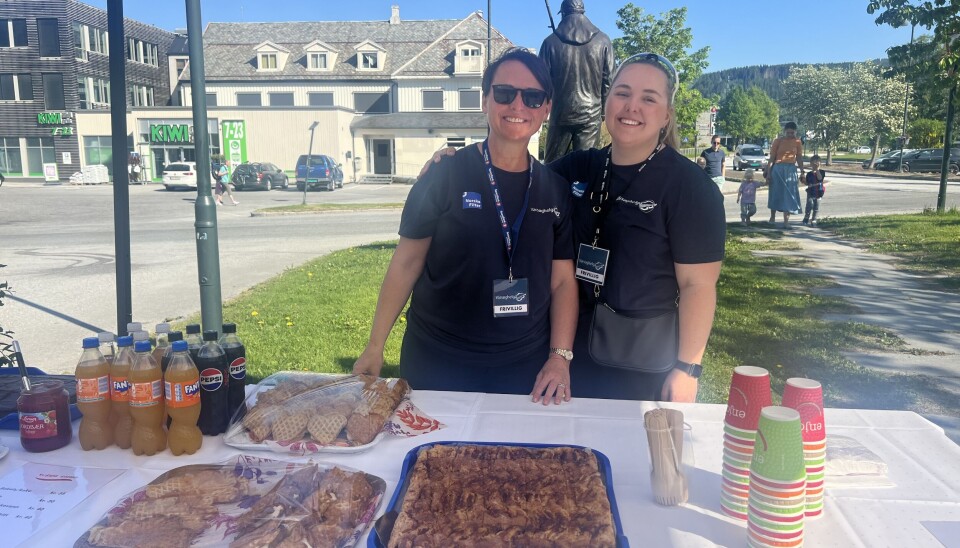 Lisbet og Elise sto klare i kiosken med kaker, brus, kaffe og bakels og græt. To damer bak bort med vaffel, brus, kopper på