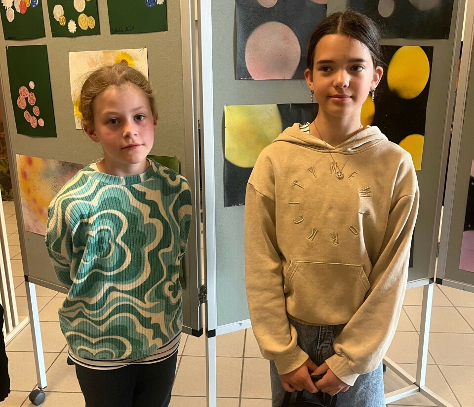 Kunstelevene Andrea Margareta og Mia Iren. To jenter som står foran en utstilling av billedkunst.