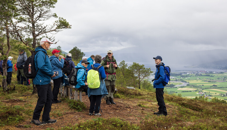 Fjellgruppa - Arkivfoto. Ei gruppe turkledde folk på et utsiktspunkt i marka.
