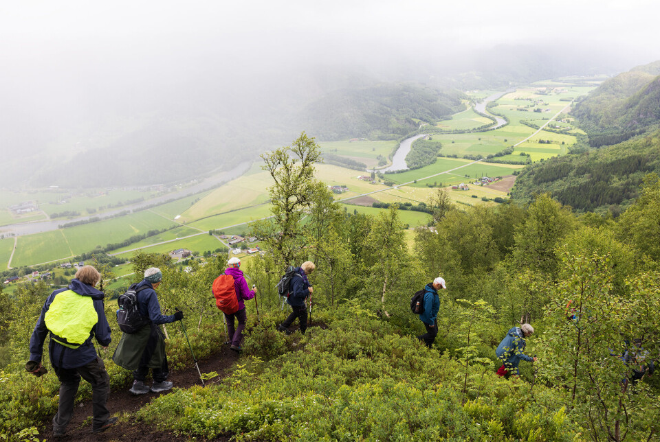 Ned mot Gammelsetra Ei gruppe turkledde folk på vei nedover en fjellsti.