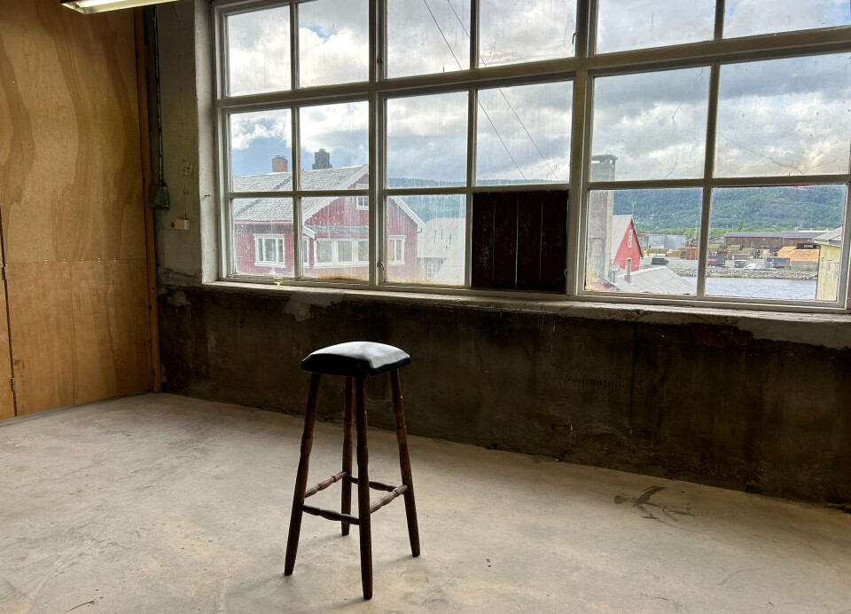 Store vinduer slipper inn mye lys. En barkrakk foran et stort vindu.