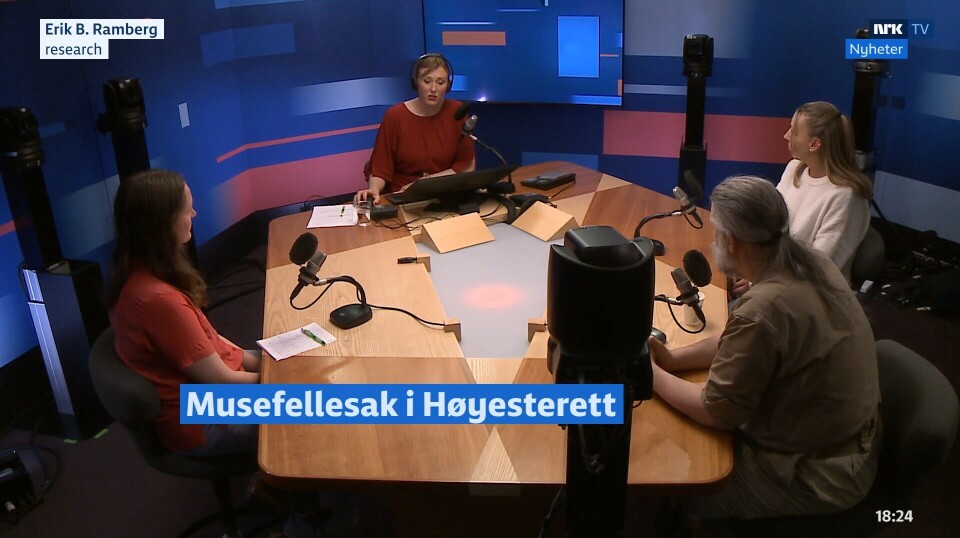 'Musefellesaken' i Dagsnytt 18 Fire mennesker rundt et bord i et TV-studio.