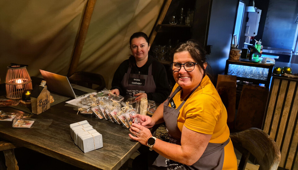 Nadiia og Anne blir gjerne å se på Trollheimstunet denne sommeren - forskningsstasjonen har flere dedikerte ansatte som jobber for at opplevelsen skal bli super for både store og små To kvinner sitter ved et bord og pakker noe som ligner kort inn i cellofanposer.