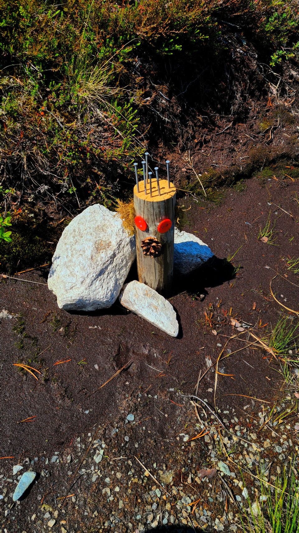 En liten trestubbe malt til å ligne ett troll.