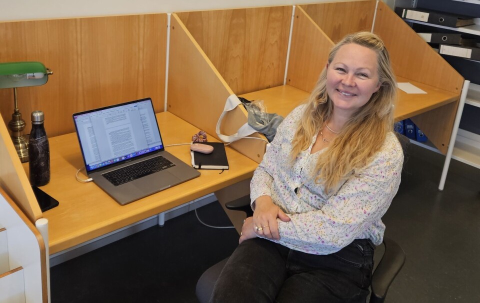 Ragnhild Lund Ansnes har fått låne plass på lesesalen på Surnadal bibliotek for å skrive ferdig boka Klopps Liverpool. Ei dame som sitter ved en arbeidspult på et bibliotek med PC.