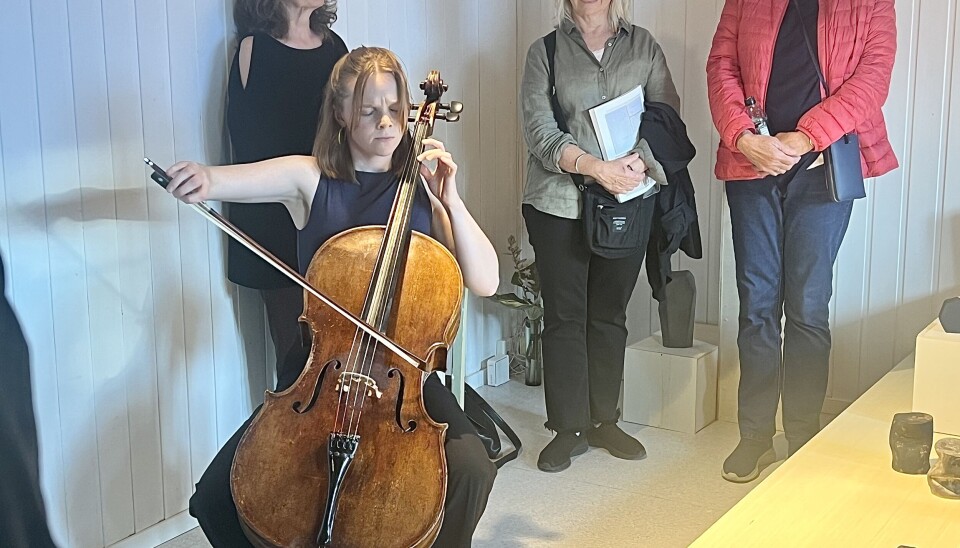 Live Sunniva Smidt opna utstillinga på nydeleg vis. ung kvinne spiller cello med tre folk bak seg