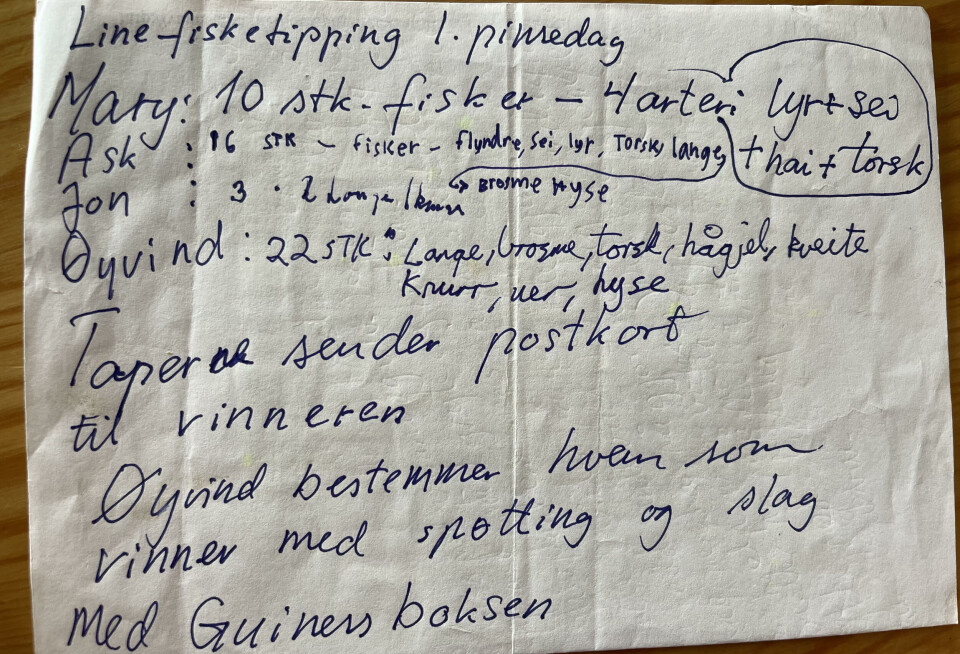 Eksempel på tippekonkurranse på linefiske. En lappe med tekst