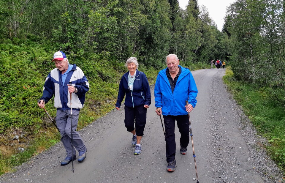 Stavgang til Årnes To menn og en dame går på en grusvei.