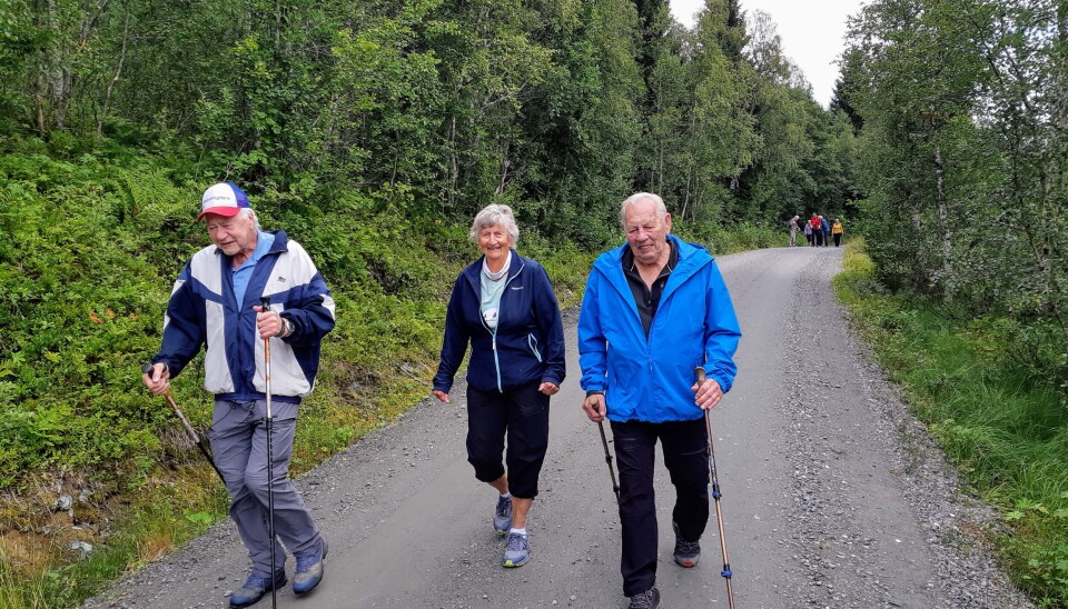 Stavgangtur til Roparen To menn og en dame går på en grusvei.