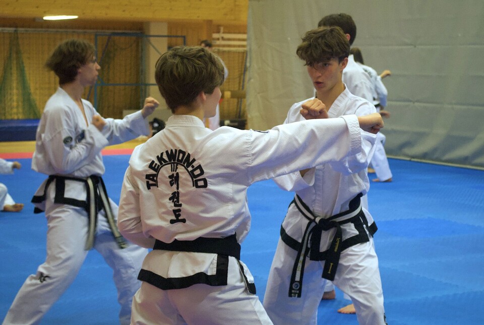 1. dan går en-steg som det kalles. Det er hvor to utøvere har på forhånd avtalt hva de skal gjøre. Bevegelsene gjøres for å etterligne en selv-forsvarssituasjon. to taekwondo utøvere gjør bevegelser som ser ut som en kamp