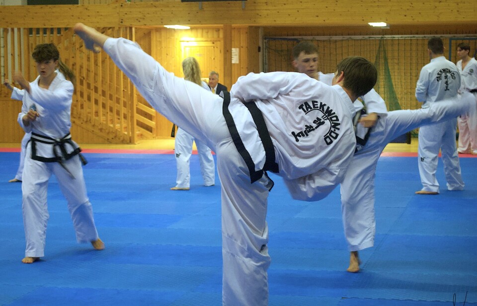 Firevendinger er en del av graderinger. Her skal det sparkes i alle himmel-retningene på hver fot. En mann i taekwondo drakt utfører et høyt spark