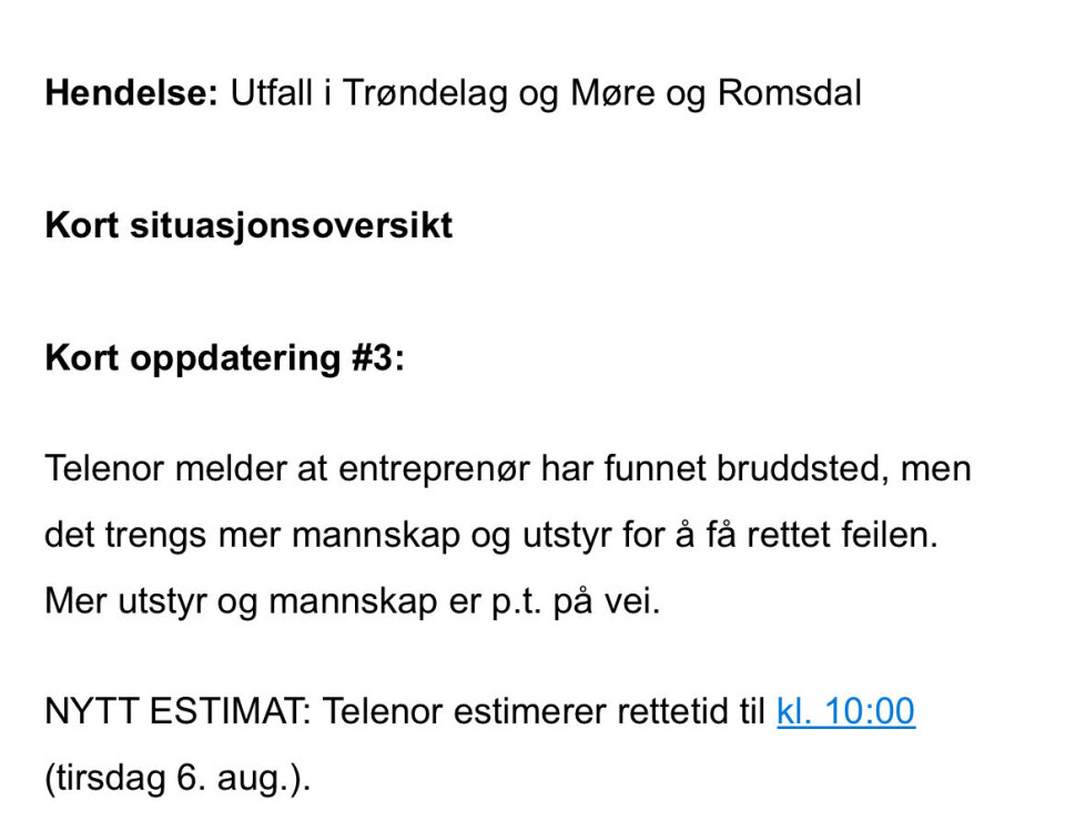 Skjermdump fra statusmelding fra Telenor