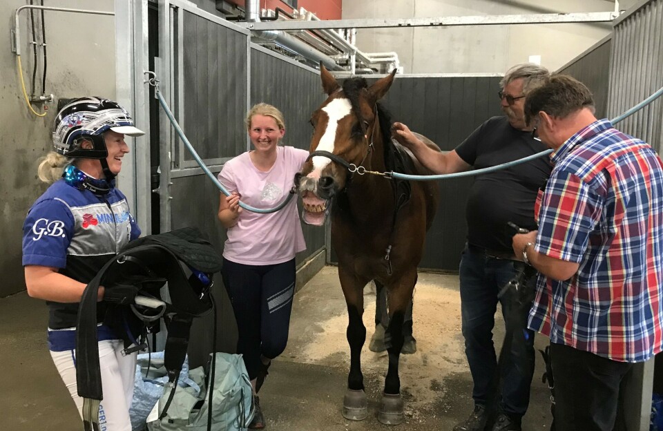 Glede i kretsen rundt Stormare etter løpet. Fire personer rundt en hest i et spilltau inne i en stall. Den ene dama har kuskedrakt.