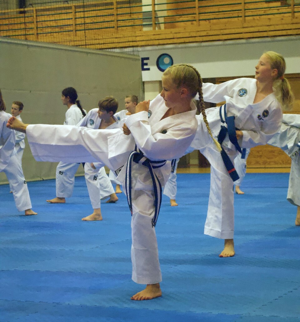 Det ble øvd mye på spark. Ei jente i taekwondo drakt sparker til siden