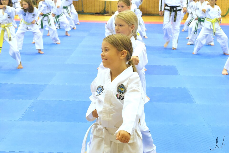 Disiplin med et smil! Ei jente i taekwondo drakt smiler