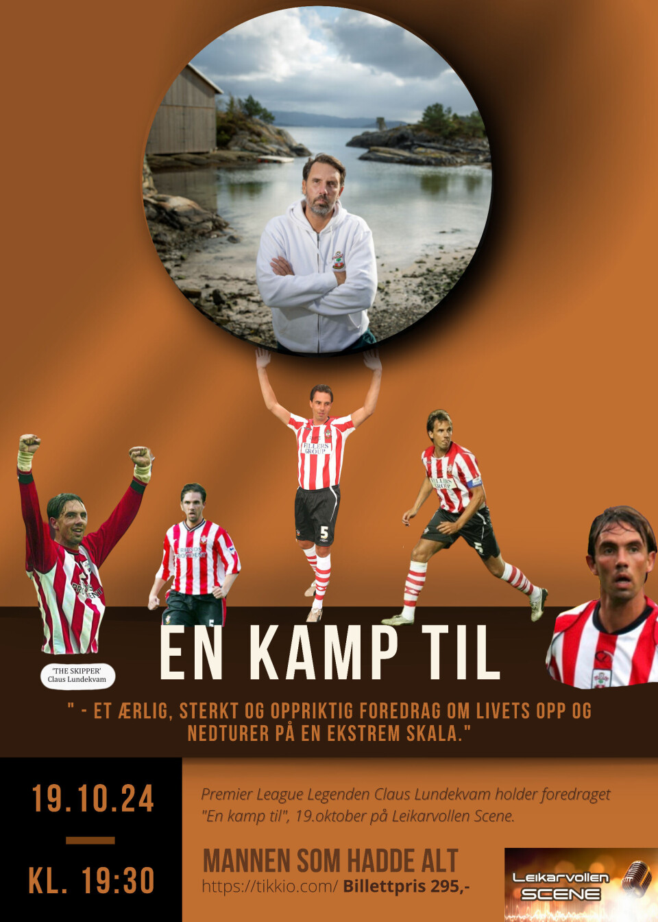 Foredrag med Premier League-legenden Claus Lundekvam! En plakat med reklame for et foredrag